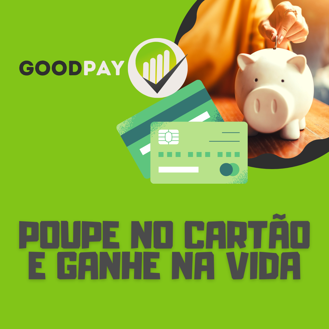 Card 7 escrito: Poupe no cartão e ganhe na vida com cartões de crédito ao fundo.