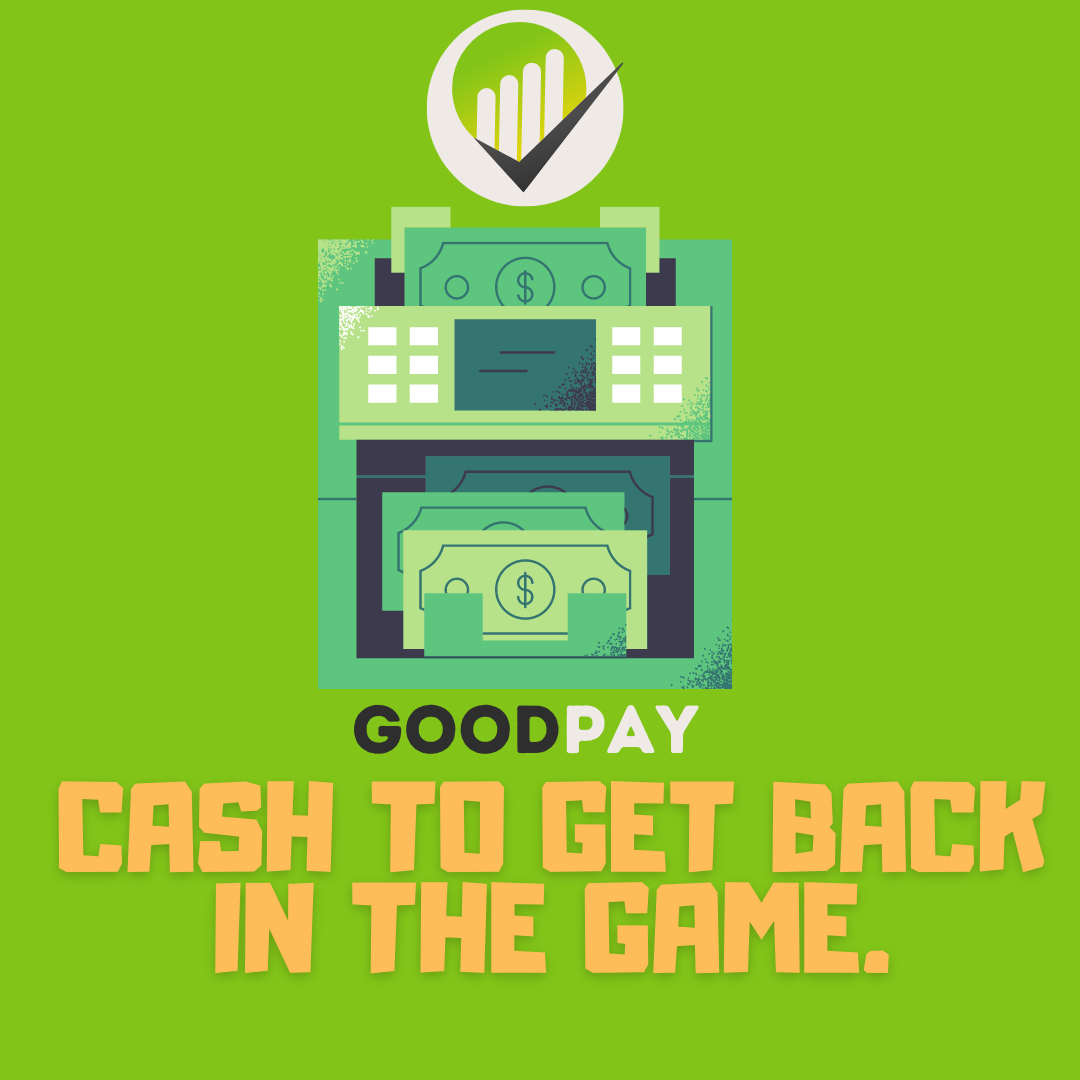 Card 9 escrito: Cash to get back in the game com uma máquina registradora ao fundo.